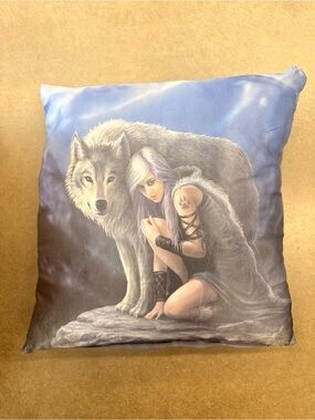 Fantasy Wolf & Warrior Girl Throw Pillow - Blue Gray